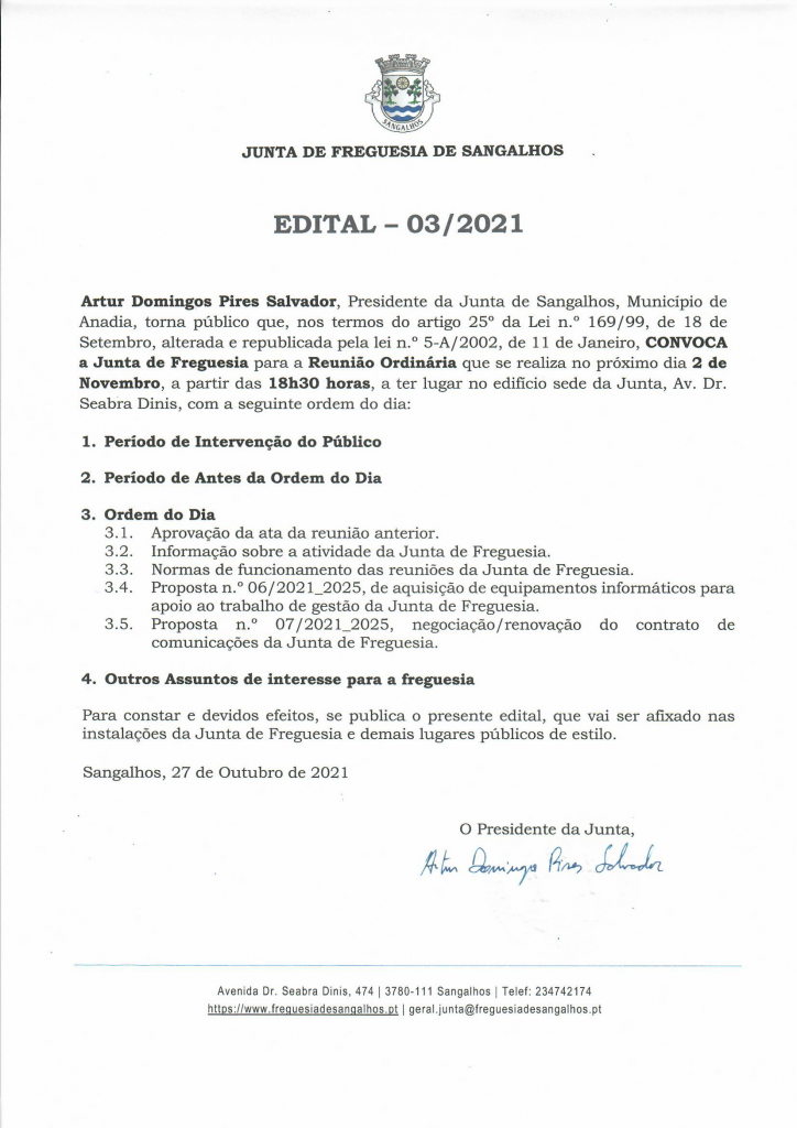 Imagem EDITAL 03/2021 - REUNIÃO ORDINÁRIA DA JUNTA DE FREGUESIA DE SANGALHOS